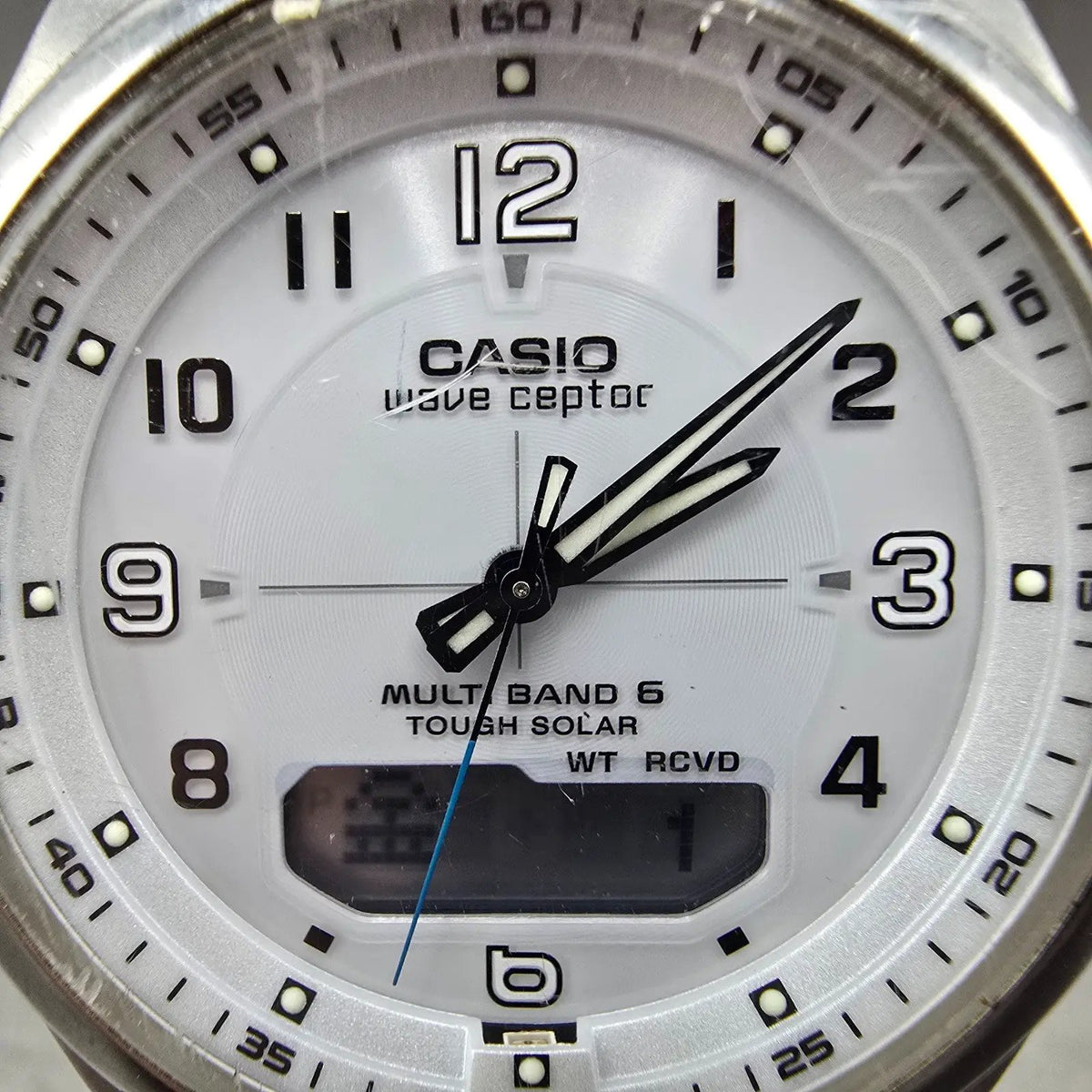 Casio Wave Ceptor Watch Men 42mm White Dial Steel Solar Analog Digital Works JDM1