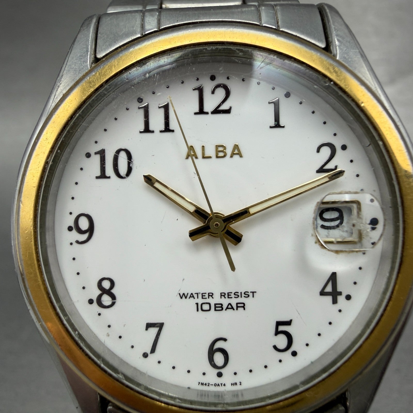Seiko ALBA Watch Men 36mm White Dial Two Tone Date Round 7N42-0AD0 PARTS2