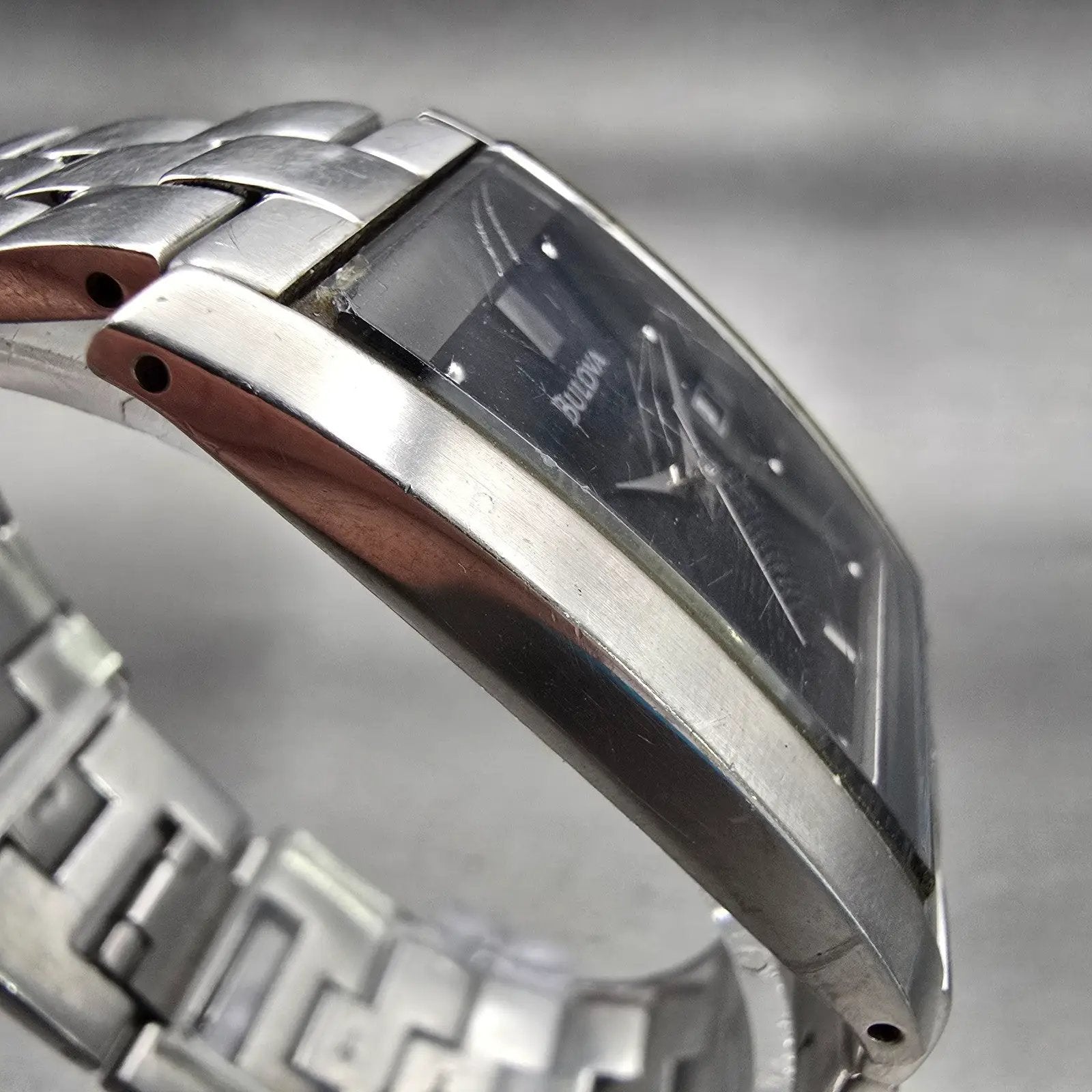 Bulova Watch Men 24mm Black Dial Silver Tone Date Rectangle New Battery Vintage3