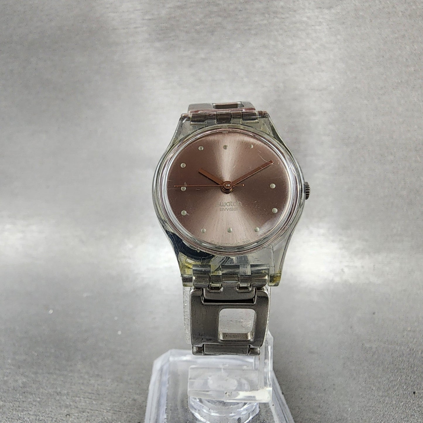 Swatch Watch Women 25mm Silver Dial Clear Case Round New Battery VTG5