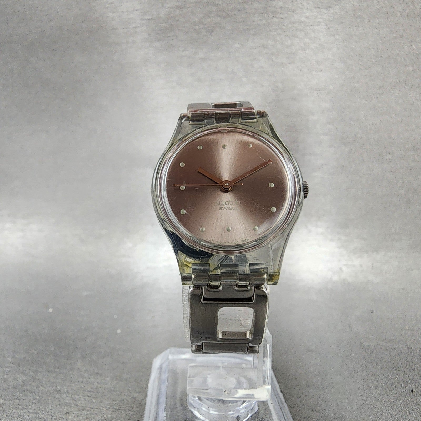 Swatch Watch Women 25mm Silver Dial Clear Case Round New Battery VTG5