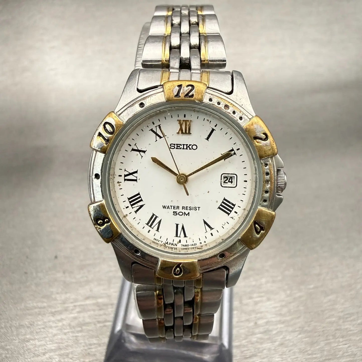 Seiko Watch Women 27mm White Dial Two Tone Date Round 7N82-0610 New Battery VTG0