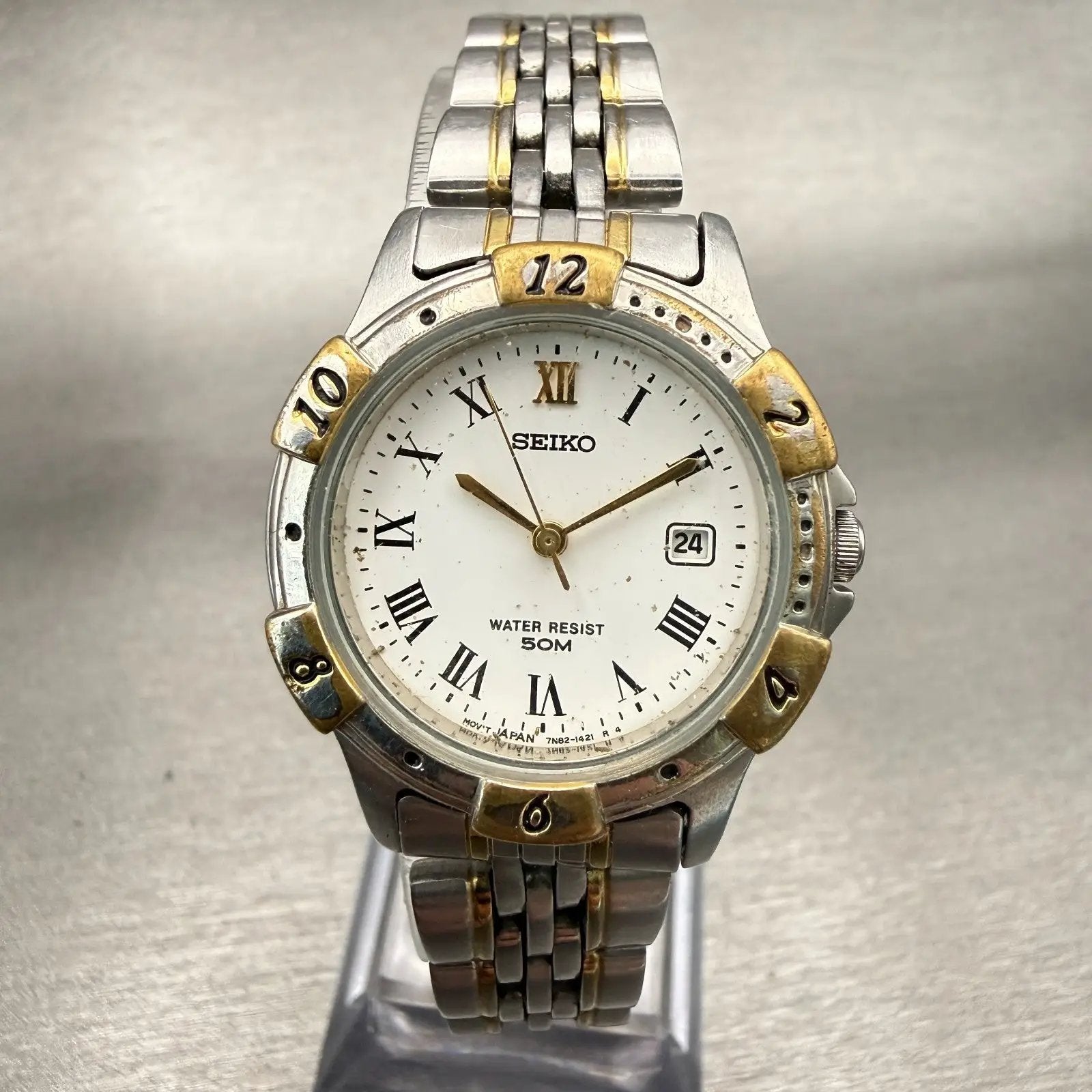 Seiko Watch Women 27mm White Dial Two Tone Date Round 7N82-0610 New Battery VTG0
