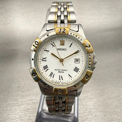 Seiko Watch Women 27mm White Dial Two Tone Date Round 7N82-0610 New Battery VTG0
