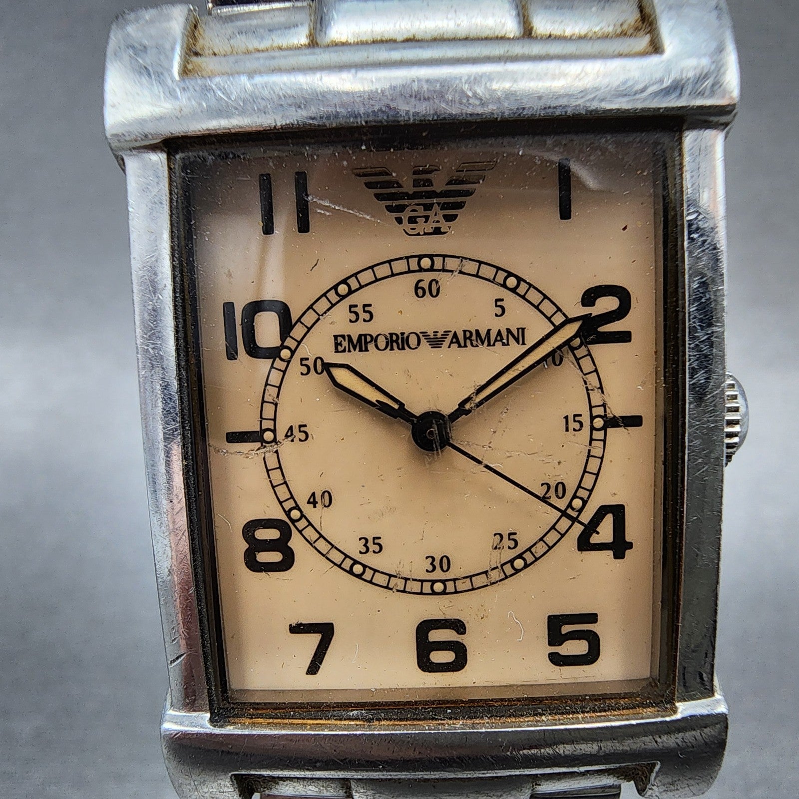 Emporio Armani Tank Watch Men 26mm Cream Dial Silver Tone Rectangle New Battery1