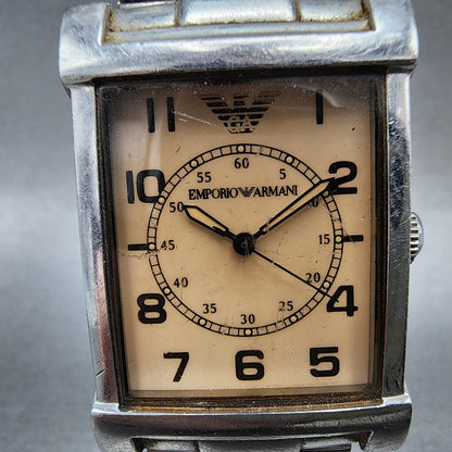 Emporio Armani Tank Watch Men 26mm Cream Dial Silver Tone Rectangle New Battery1