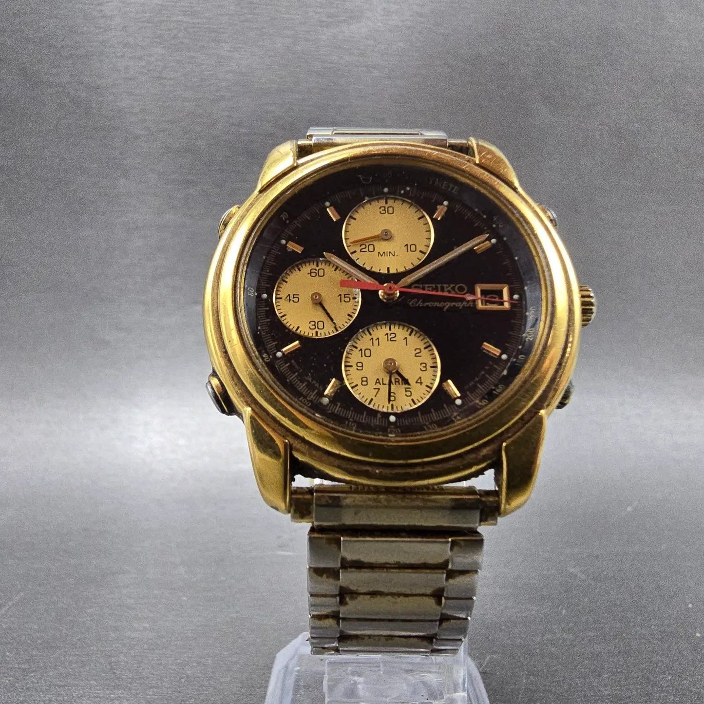 Seiko Chronograph Watch Men 38mm Black Dial Gold Tone Date 7T32-6G43 PARTS VTG7