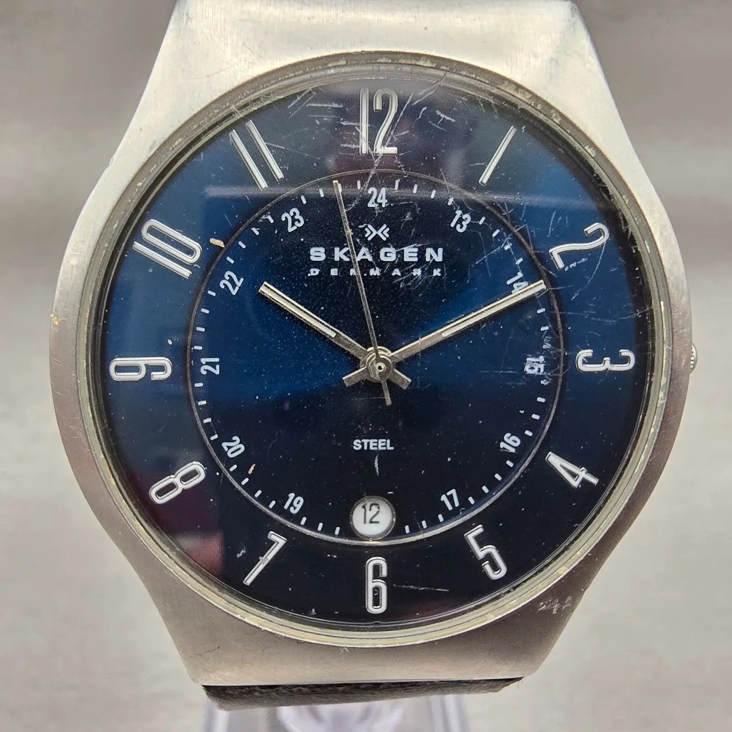 Skagen Watch Men 37mm Blue Dial Silver Tone Date Round 233XXLSLN READ!! New Batt1