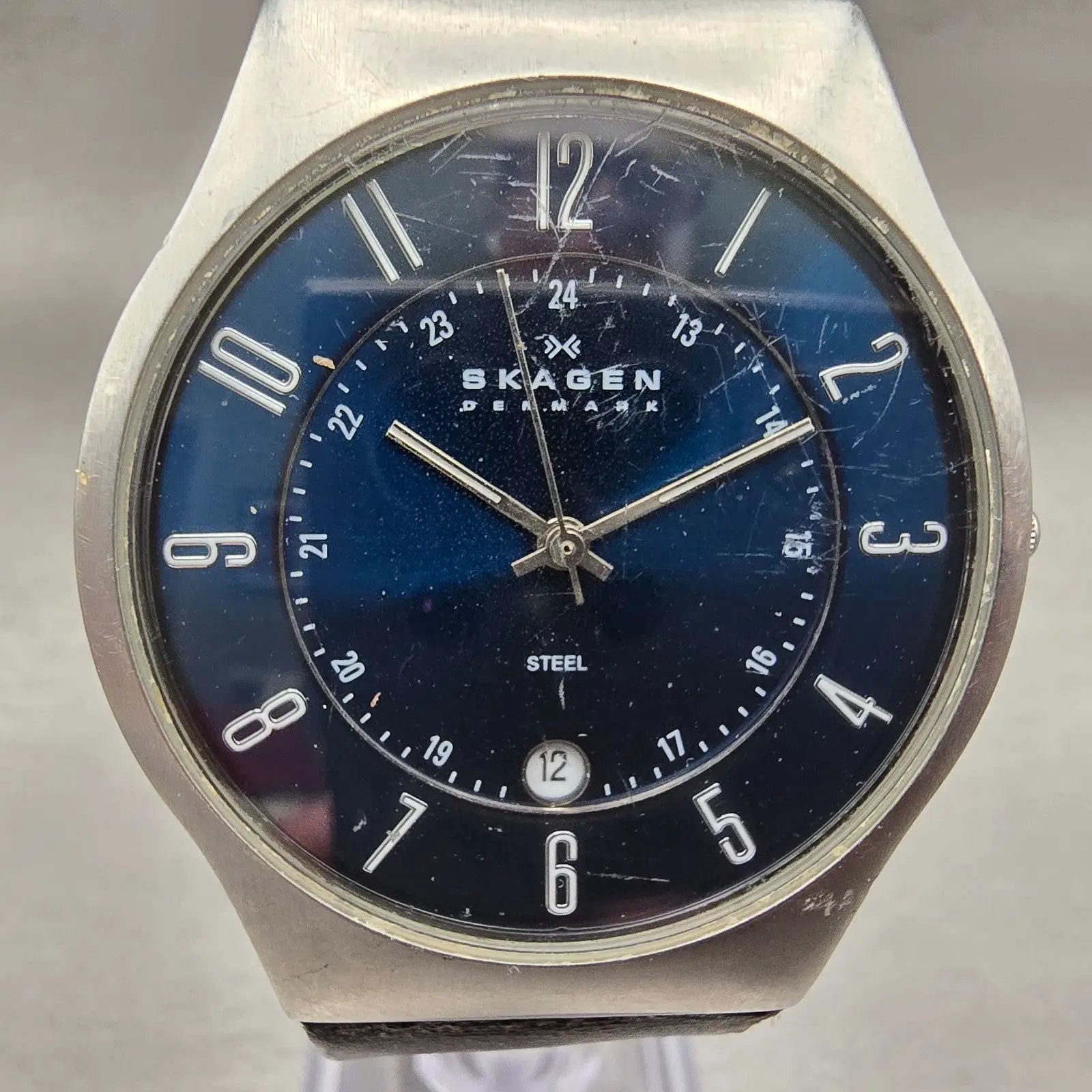 Skagen Watch Men 37mm Blue Dial Silver Tone Date Round 233XXLSLN READ!! New Batt1