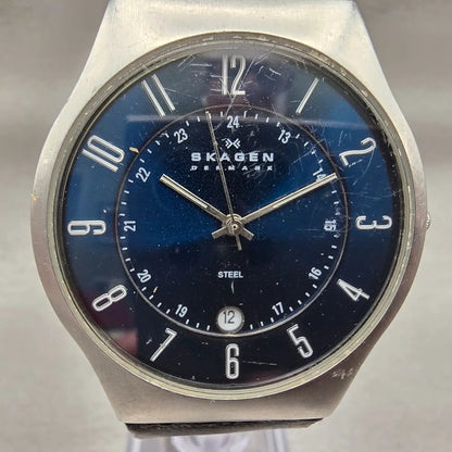 Skagen Watch Men 37mm Blue Dial Silver Tone Date Round 233XXLSLN READ!! New Batt1