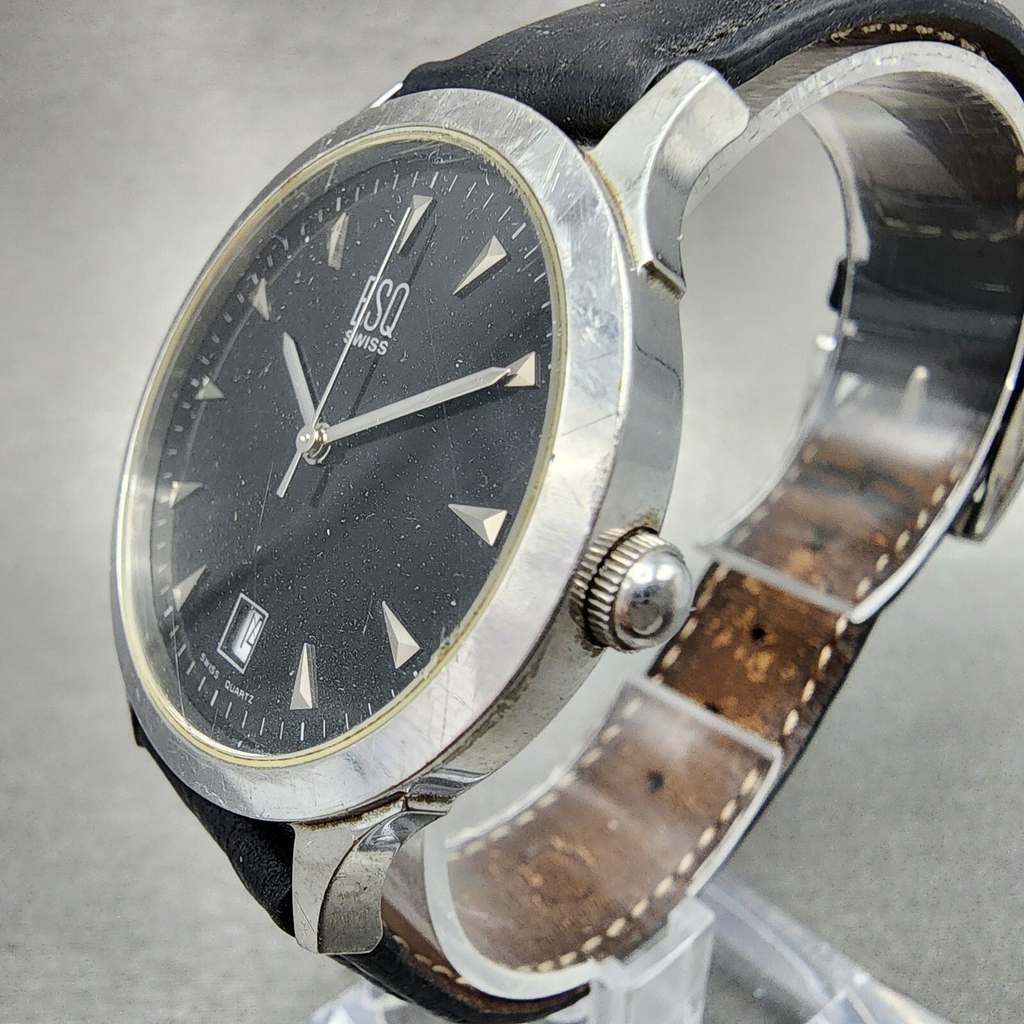 ESQ Swiss Watch Men 36mm Black Dial Steel Date Round Leather Band E5203 PARTS3