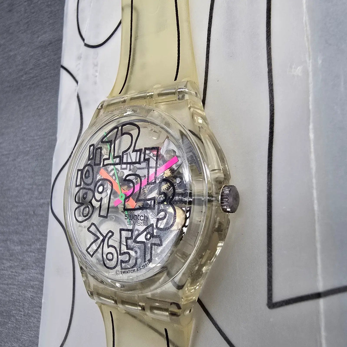 Swatch Scribble Watch Men 34mm Skeleton Dial Clear Case GZ124 New Battery NOS2