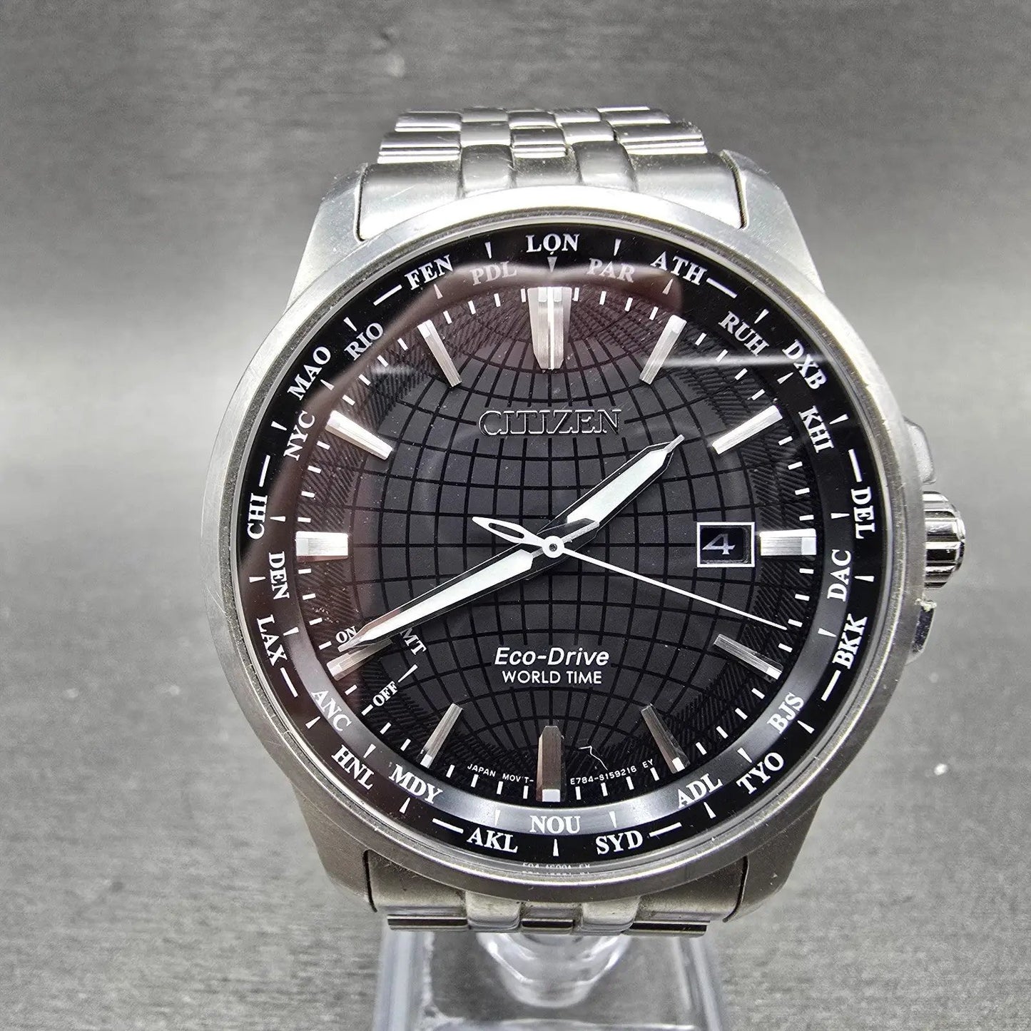 Citizen Eco-Drive World Time Watch Men 41mm Black Dial Steel Date Round  Runs0