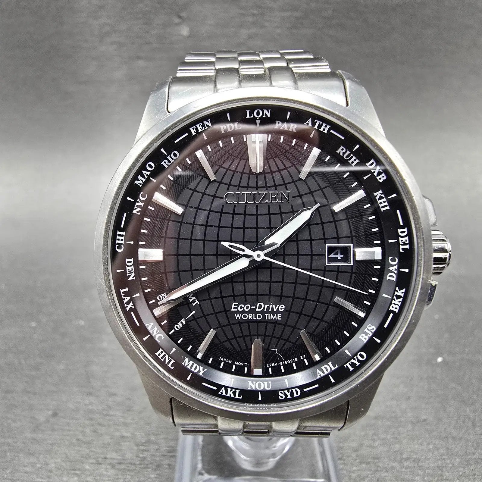 Citizen Eco-Drive World Time Watch Men 41mm Black Dial Steel Date Round  Runs0