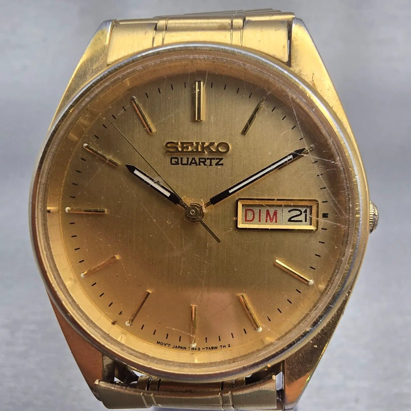 Seiko Watch Men 35mm Gold Dial Gold Tone Daydate Round 7N43-7A50 New Battery VTG1
