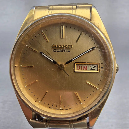 Seiko Watch Men 35mm Gold Dial Gold Tone Daydate Round 7N43-7A50 New Battery VTG1