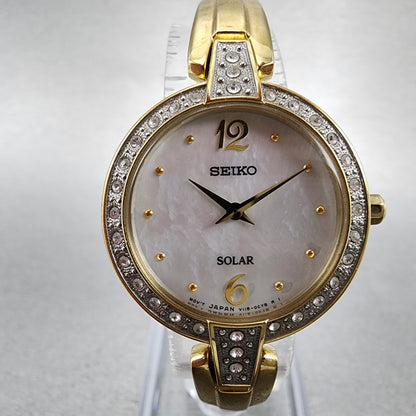 Seiko Solar Watch Women 27mm MOP Dial Gold Tone Round V115-0BM0 Runs