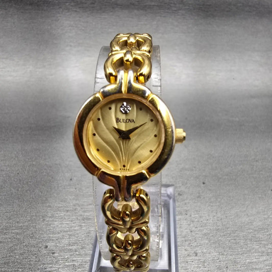 Bulova Watch Women 20mm Gold Dial Gold Tone Round 97S32 New Battery Vintage0