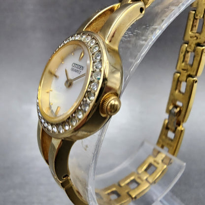 Citizen Watch Women 20mm MOP Dial Gold Tone Crystal Bezel Round New Battery