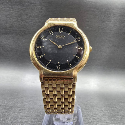 Seiko Watch Men 33mm Black Dial Gold Tone Round 5Y30-7029 New Battery Vintage5