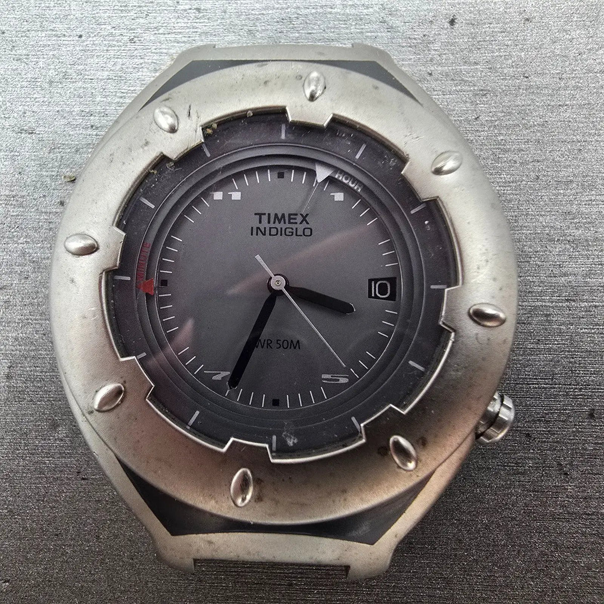 Timex Alarm Watch Men 41mm Gray Dial Silver Tone Date Round Indiglo PARTS2