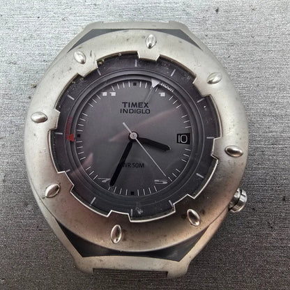 Timex Alarm Watch Men 41mm Gray Dial Silver Tone Date Round Indiglo PARTS2
