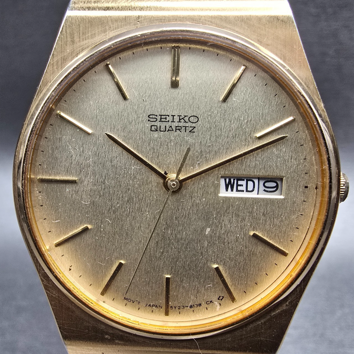 Seiko Watch Men 33mm Gold Dial Gold Daydate Round 5Y23-8119 New Battery VTG JDM1