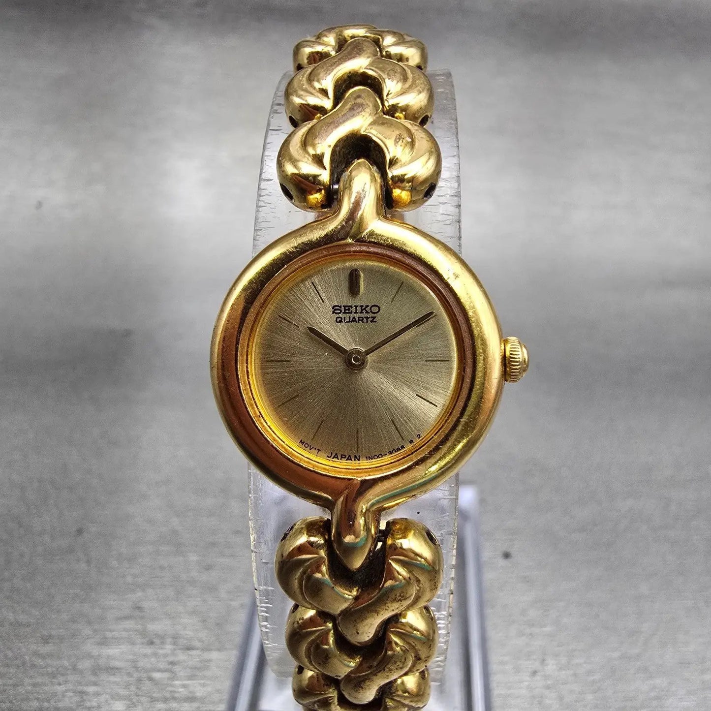 Seiko Watch Women 20mm Gold Dial Gold Tone Round 1N00-0K59 New Battery Vintage0