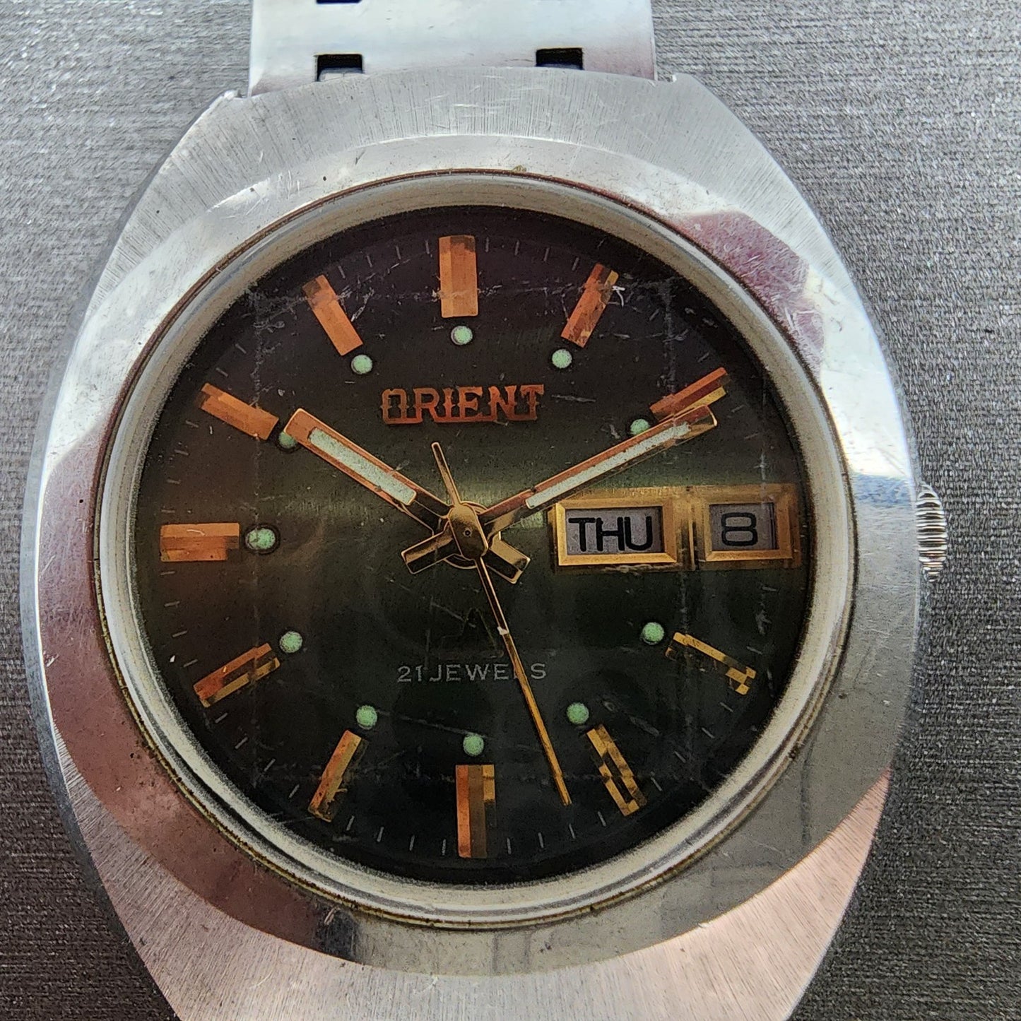 Orient Chrono Ace Watch Men 35mm Green Dial Steel Daydate G42926740 Runs1