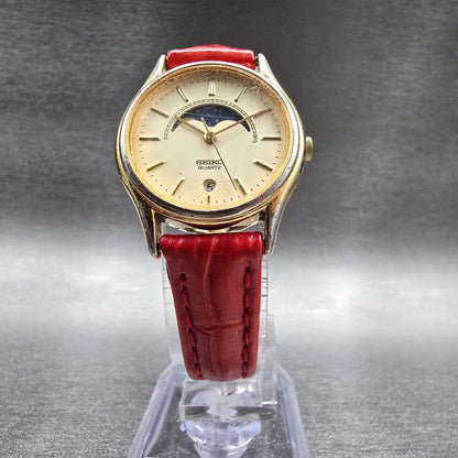 Seiko Moon Phase Watch Women 25mm Cream Dial Gold Tone Date 4K24-0019 New Batt5