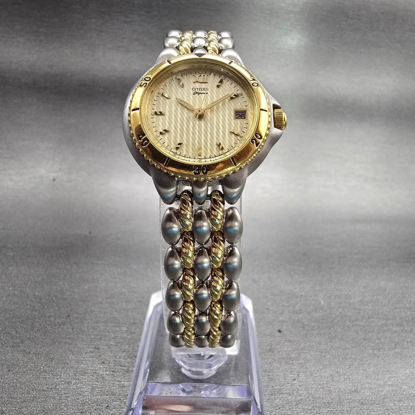 Citizen Elegance Watch Women 26mm Gold Dial Two Tone Date 6010-S45491 New Batt5