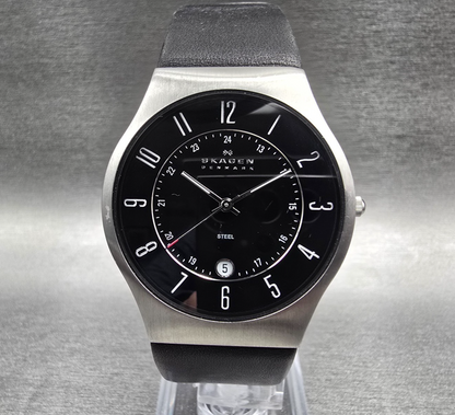Skagen Grenen Watch Men 37mm Black Dial Silver Date Round 233XXLSLB New Battery0