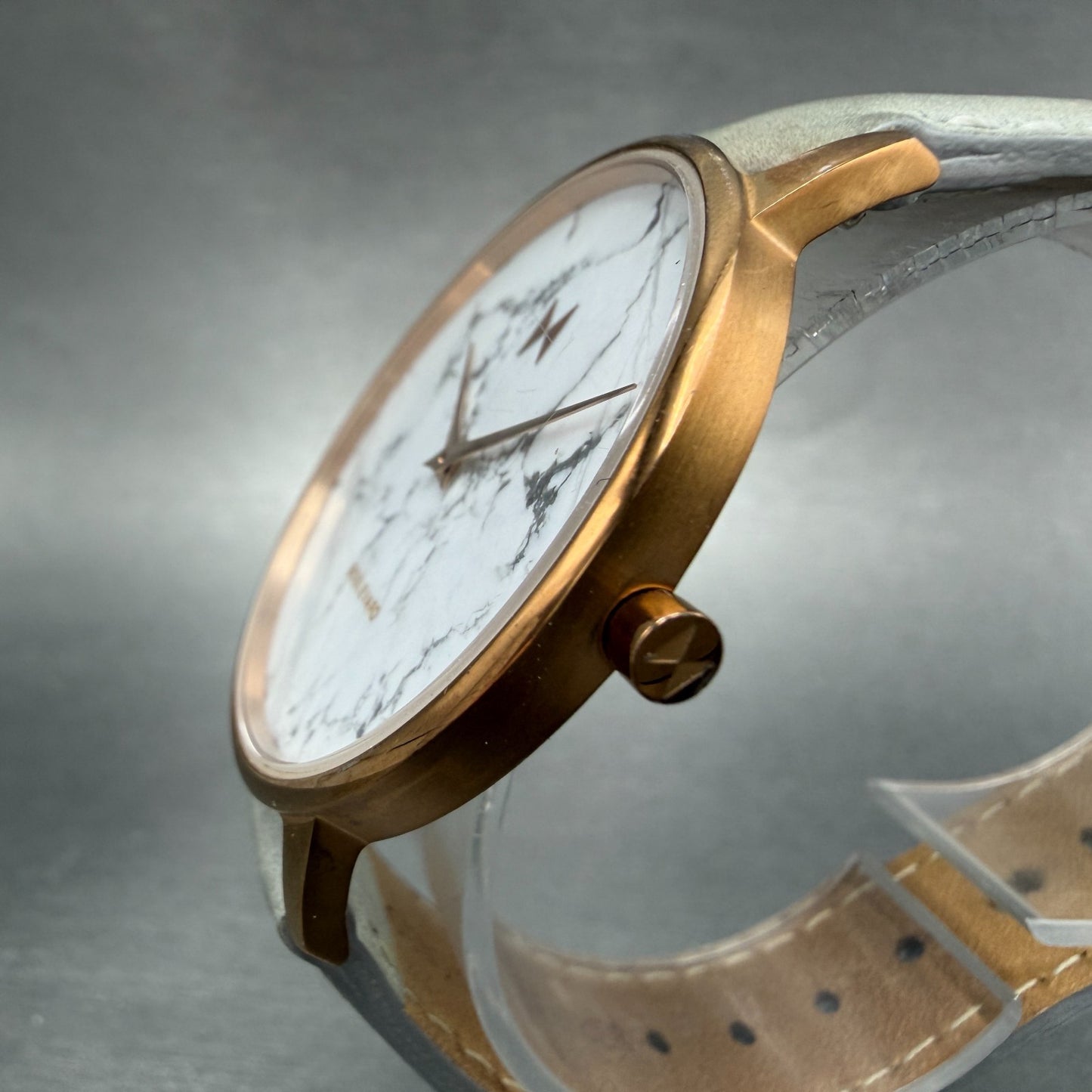MVMT Boulevard Watch Women 38mm White Stone Dial Rose Gold Leather New Battery O2