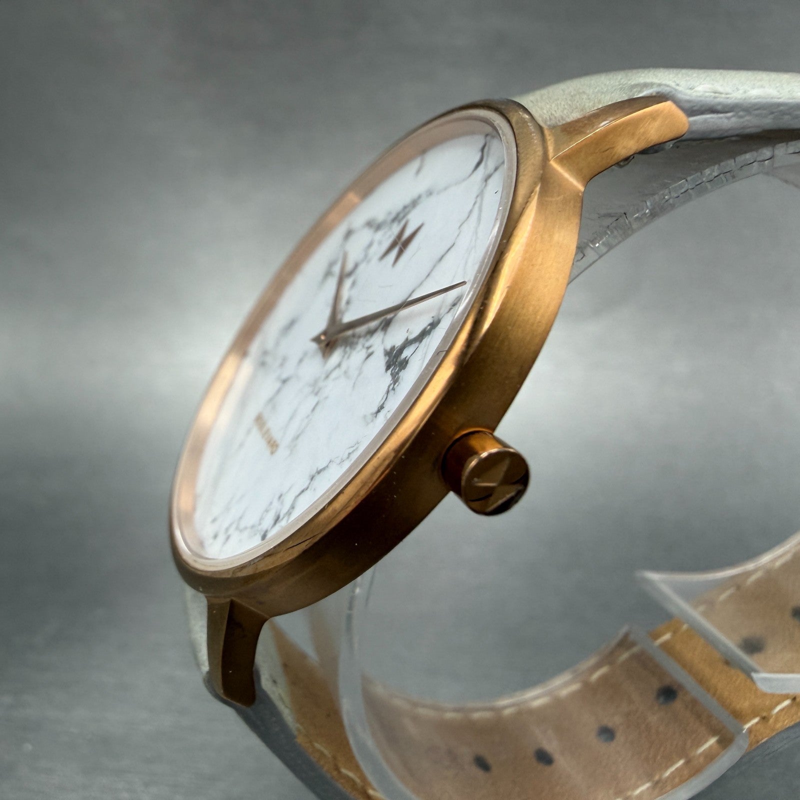 MVMT Boulevard Watch Women 38mm White Stone Dial Rose Gold Leather New Battery O2