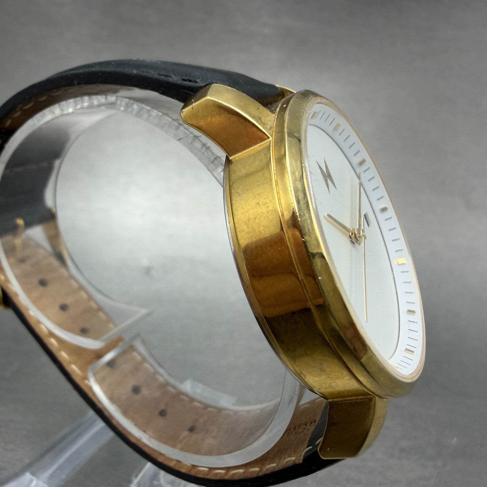 MVMT Boulevard Watch Women 38mm White Dial Gold Tone Date Leather New Battery AB3