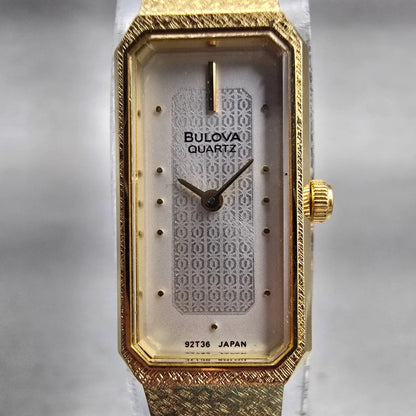 Bulova Watch Women 12mm Silver Dial Gold Tone Rectangle New Battery 92T36 VTG1