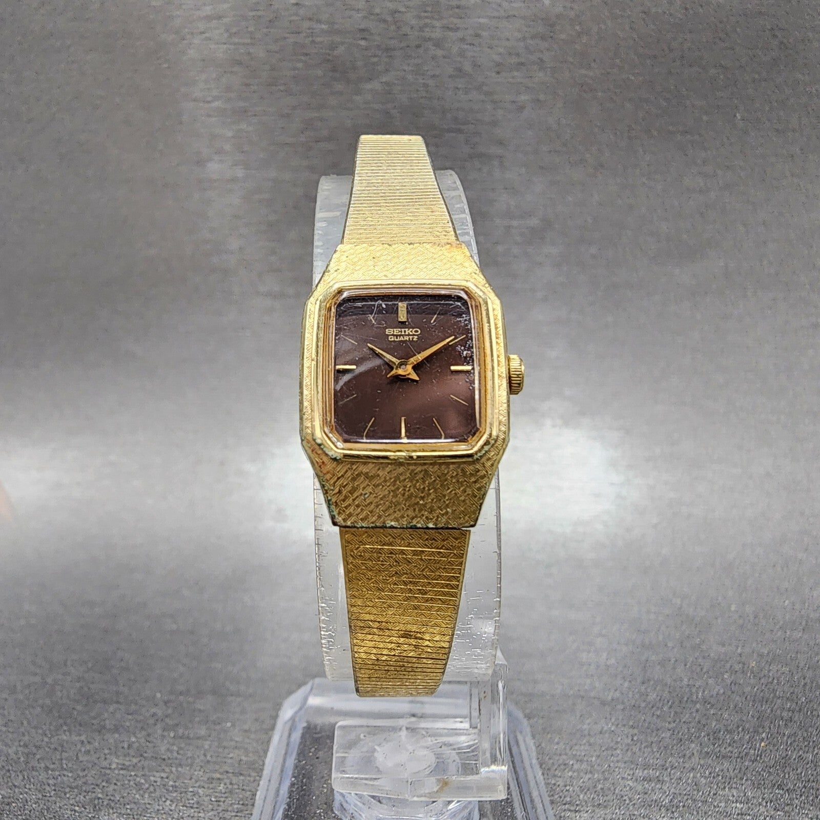 Seiko Watch Women 16mm Brown Dial Gold Tone Rectangle 2C205789 New Battery VTG5