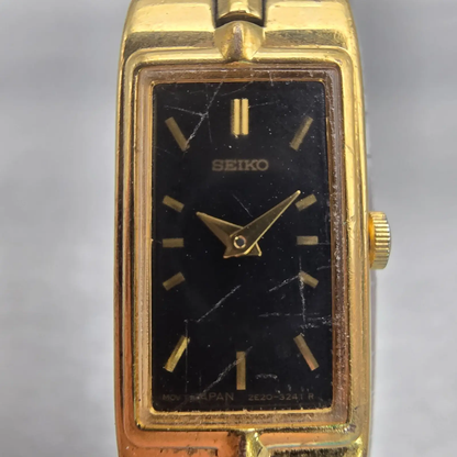 Seiko Watch Women 13mm Black Dial Gold Tone Rectangle 2E20-7479 New Battery VTG1