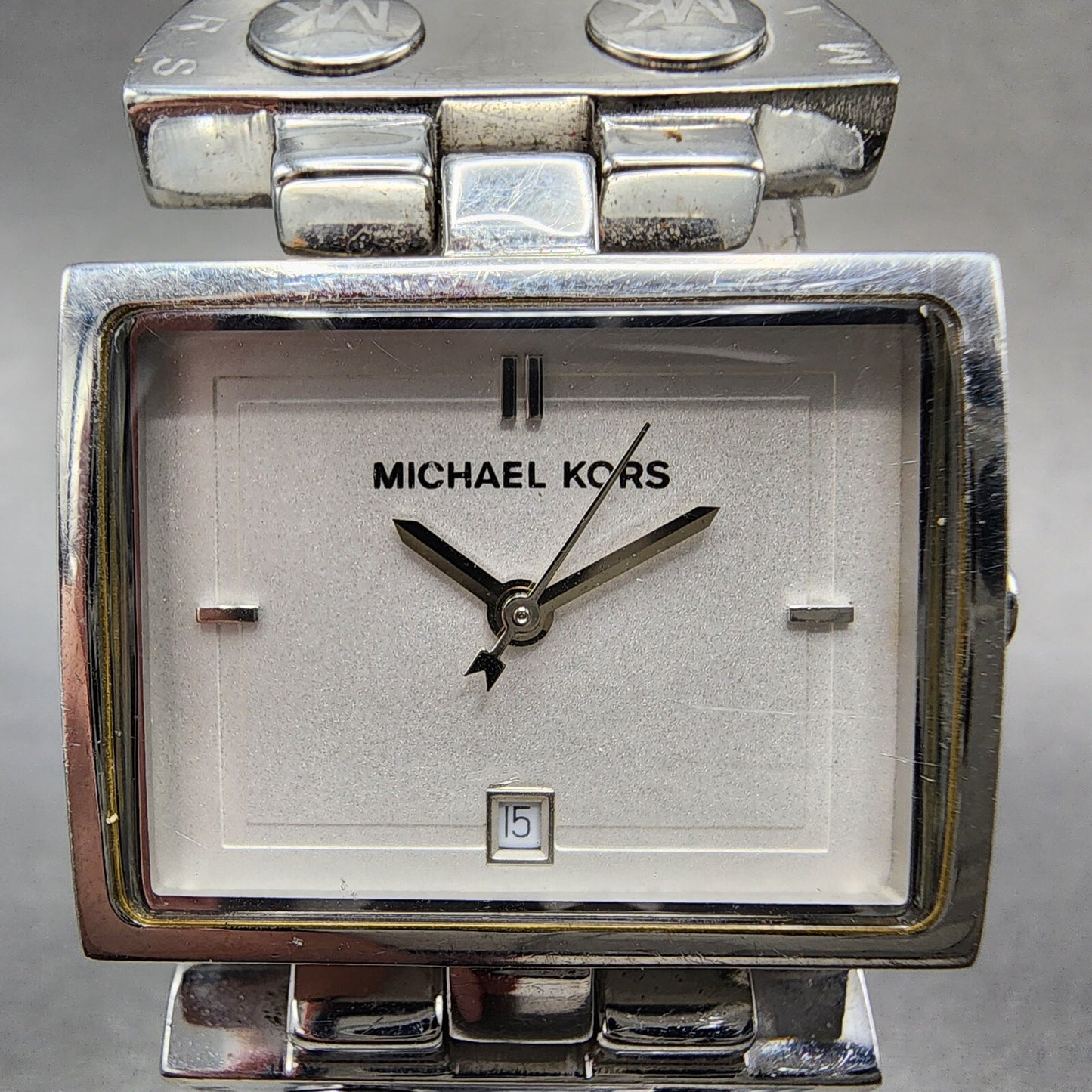 Michael Kors Watch Women 28mm White Dial Steel Date Rectangle MK4054 New Batt1
