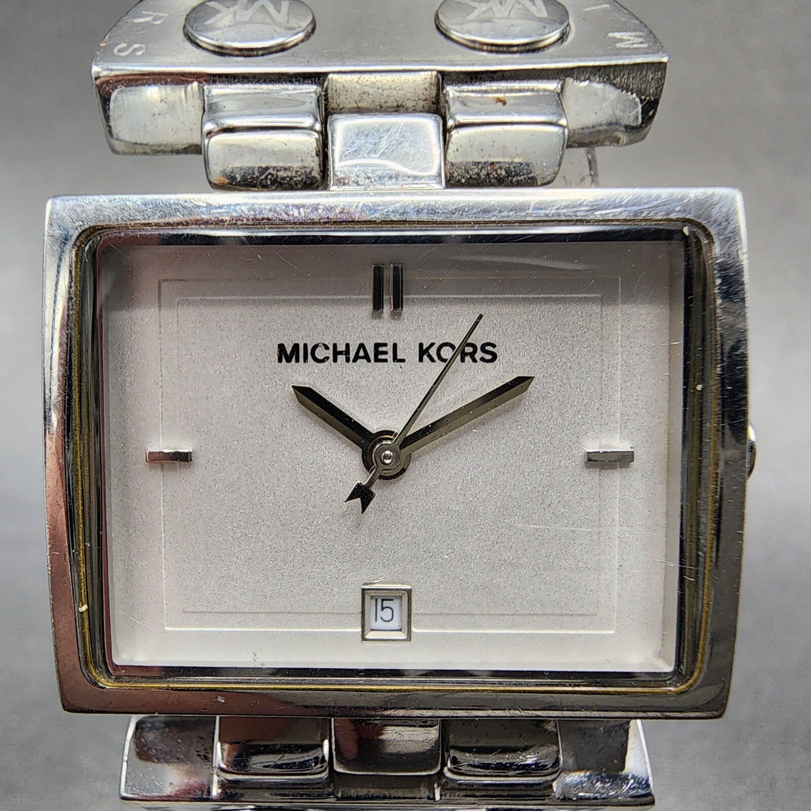 Michael Kors Watch Women 28mm White Dial Steel Date Rectangle MK4054 New Batt1