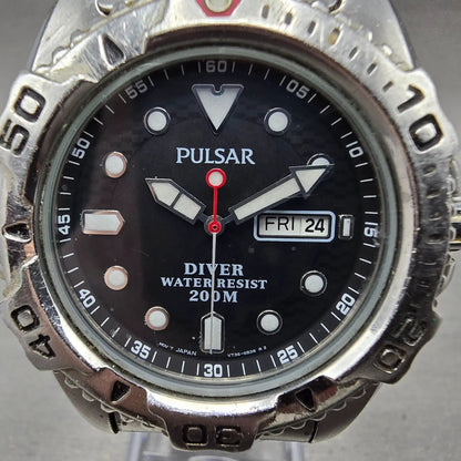 Seiko Pulsar Dive Watch Men 40mm Black Dial Steel READ! Daydate V736-6A60 NewBat1
