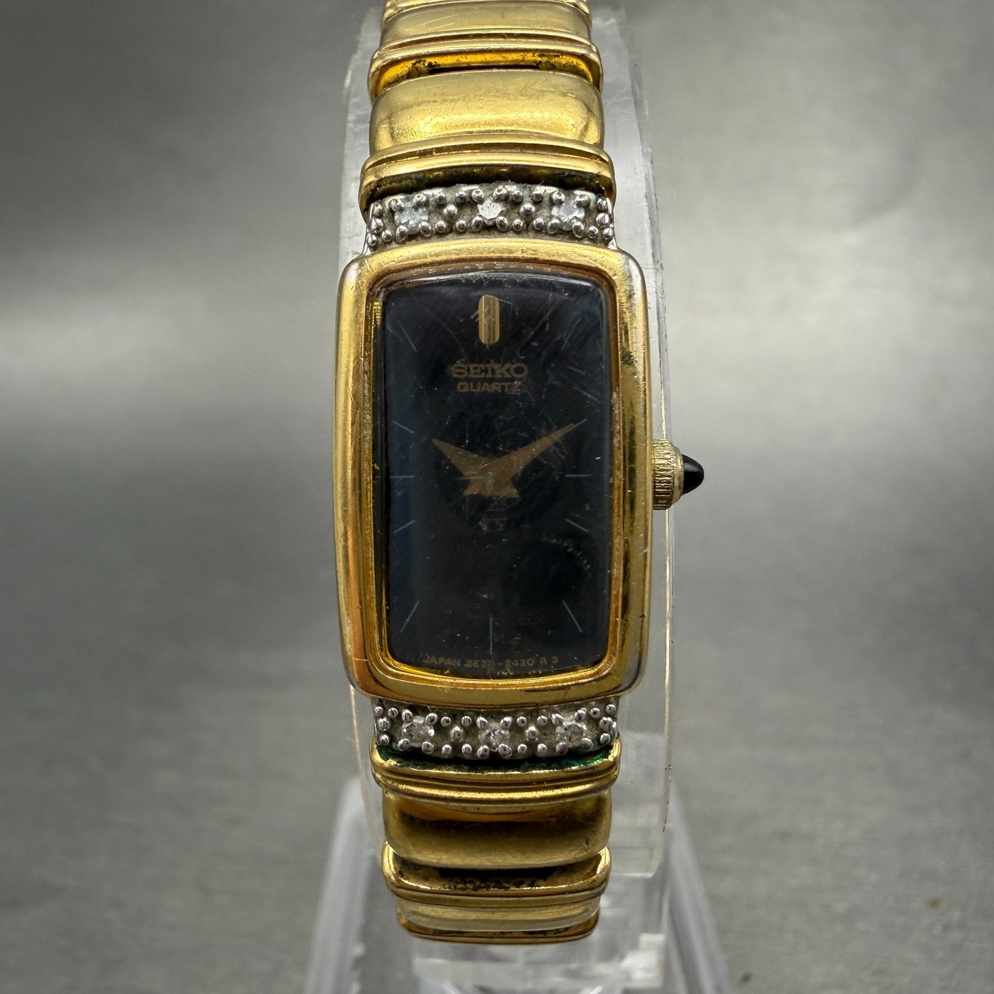 Seiko Tank Watch Women 13mm Black Dial Gold Tone Rectangle 2E20-6929 New Batt TE0