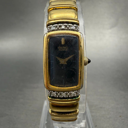 Seiko Tank Watch Women 13mm Black Dial Gold Tone Rectangle 2E20-6929 New Batt TE0