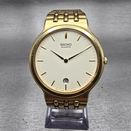 Seiko Watch Men 34mm Ivory Dial Gold Tone Date Round 5Y39-2009 New Battery VTG0