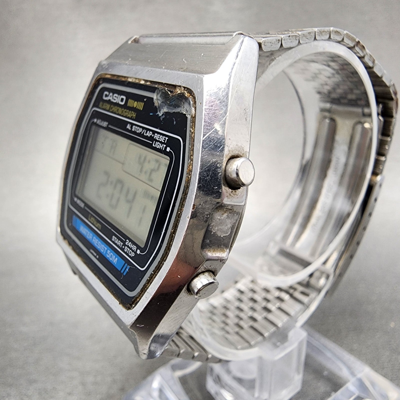 Casio W35 Watch Men 36mm Silver Tone LCD Alarm Chrono New  Battery2