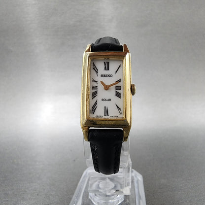 Seiko Solar Tank Watch Women 15mm White Dial Gold Tone Rectangle V1160AA0 Works5