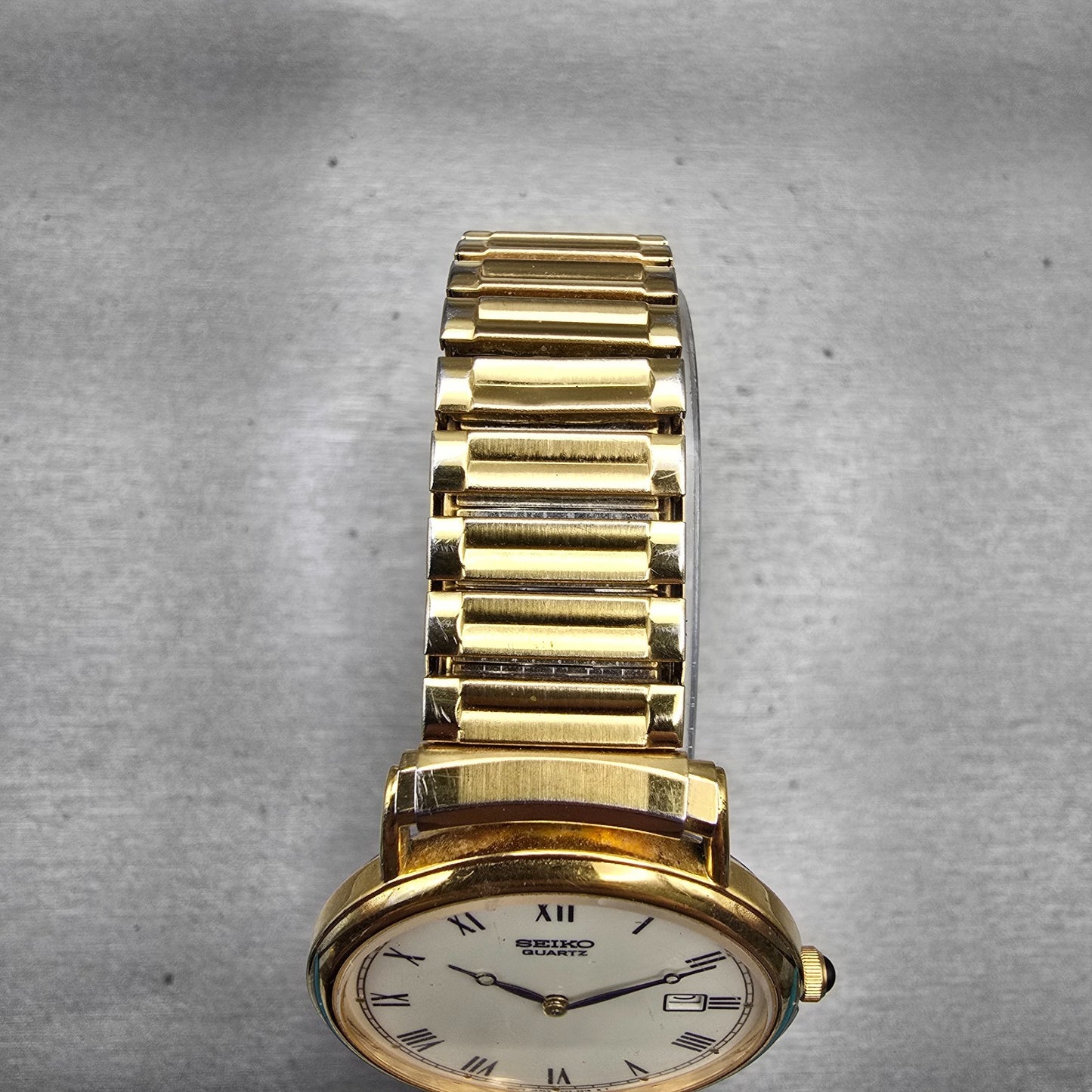 Seiko Watch Men 34mm Cream Dial Gold Tone Date Round 7N29-8A09 New Battery VTG4