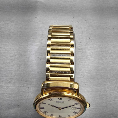 Seiko Watch Men 34mm Cream Dial Gold Tone Date Round 7N29-8A09 New Battery VTG4