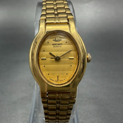 Seiko Watch Women 18mm Champagne Dial Gold Tone Oval V401-5270 New Battery0