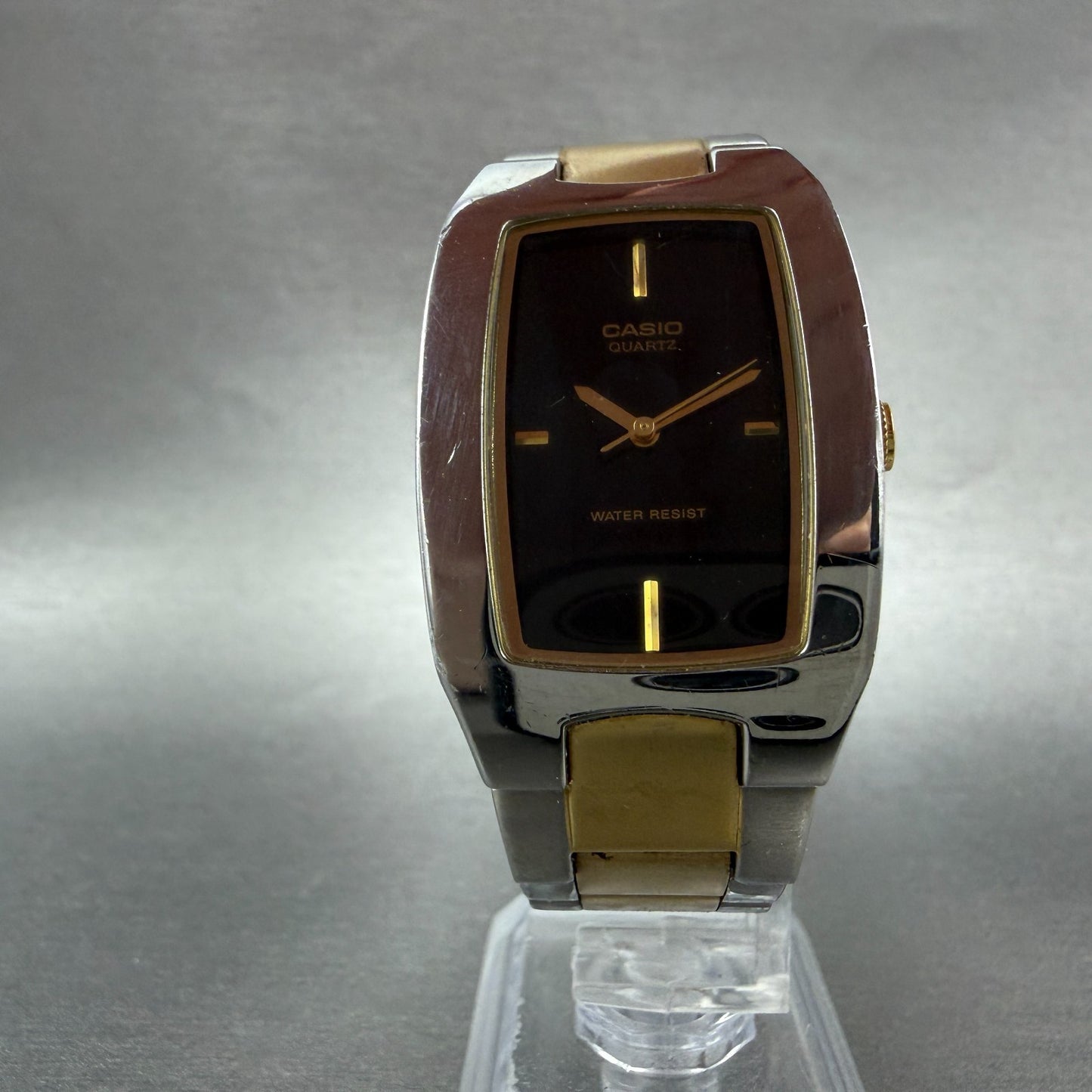 Casio Tank Watch Men 27mm Black Dial Two Tone Rectangle MTP-1165 New Battery V455